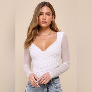 Lulus Sheer Confidence White Mesh Ruched Long Sleeve Bodysuit